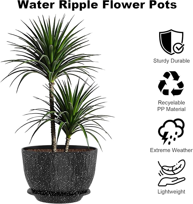 10 inch Large Plant Pots, Flower Pots with Multi-Mesh Drainage Holes and Saucer, Plastic Planters for Indoor and Outdoor Garden Plants (Speckled Black, 10")