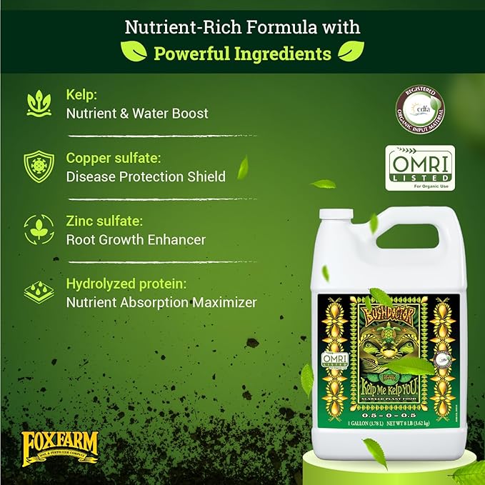 FoxFarm Bush Doctor Kelp Me Kelp You Seaweed Plant Food - 0.5-0-0.5 Liquid Kelp Fertilizer for Gardens, Hydroponic & Drip Irrigation Systems - Promotes Fast Nutrient Uptake & Plant Growth - 1 Gallon