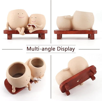 Meltset Cute Face Planter Pot - Funny Double Head Planter Sitting on Bench, Smiley Succulent Pot with Drainage Indoor and Outdoor, Unique Gift for Plant Lovers(Light Brown)