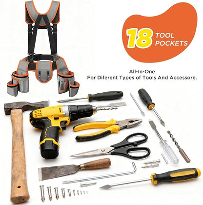 Tool Belt with Suspenders, Tool Belts for Men, Magnetic Wristband & Detachable Pouch – Heavy Duty Adjustable Belt for Electricians, Carpenters, DIY, Construction,Gift (Gray-Orange, Universal)