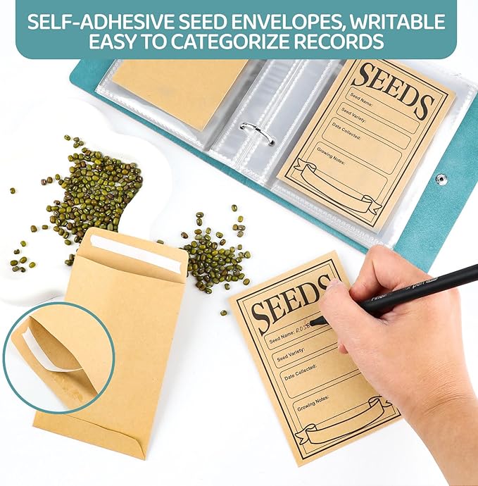 Seed Storage Organizer Binder, Leather Seed Packet Organizer with 50 Pack Seed Envelopes, Garden Seed Storage Holder Book, Plant Seed Saver, Flower Seed Keeper, Green, 3.1 x 4.7 Inch Seed Envelopes