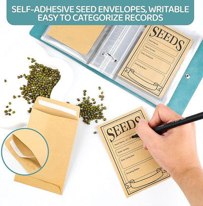 Seed Storage Organizer Binder, Leather Seed Packet Organizer with 50 Pack Seed Envelopes, Garden Seed Storage Holder Book, Plant Seed Saver, Flower Seed Keeper, Green, 3.1 x 4.7 Inch Seed Envelopes
