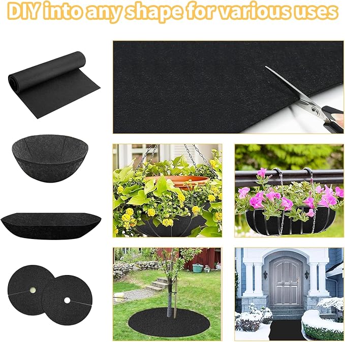 16x82 Inch Black Felt Planter Liner Roll, Non-Woven Hanging Basket Liner Coco Coir Liner Alternative Breathable Outdoor Planter Liner Window Box Liners for Metal Basket Flower Pot Raised Garden Bed