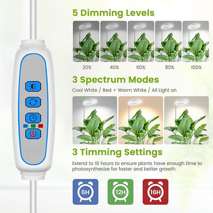 White Grow Light, Full Spectrum LED Plant Lighs for Indoor Growing with 6/12/16H Timer, 3 Color Modes, 5 Brightness, 10"-60" Height Adjustable Plant Lamp for Tall Indoor Plants (3 Pack)
