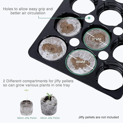 SOLIGT [Thick Plastic] 4 Set Strong Seed Starter Tray with 4" Humidity Dome and Pellet Holder for 100 Jiffy 30mm, 36mm & 42mm Peat Pellets, Seed Starting, Germinating Propagating, Pellet Not Included