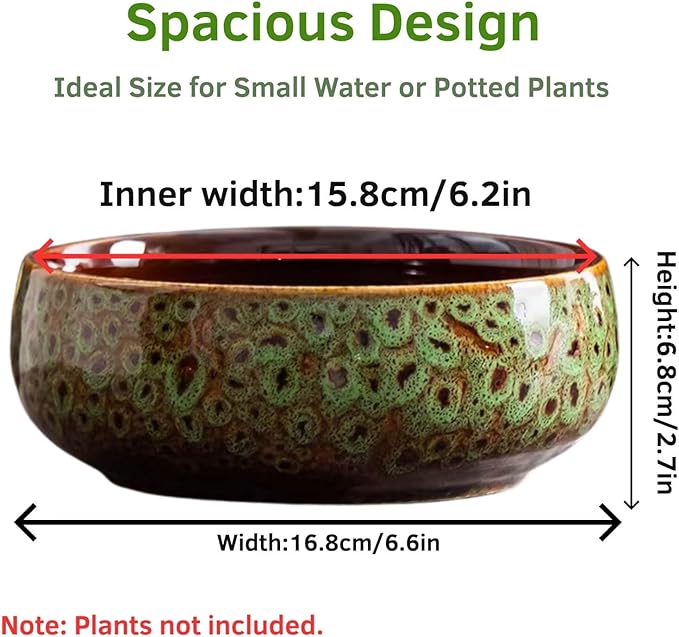 Ceramic Lotus Bowl Planter, Lotus Pots for Water Plants Indoor, Large Caliber Flow Glaze Non-Porous Hydroponic Container, Succulent Pots, Leak-Proof Design (Green Peacock Pattern) 6.6in*2.7in
