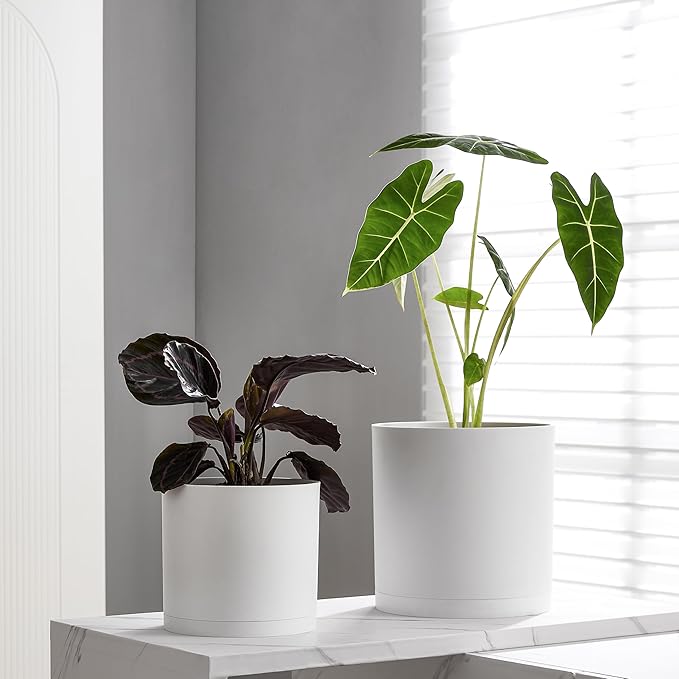 FaithLand 10-Inch Modern Cylinder Planter, Thick-Walled Plastic Plant Pot with Drainage Holes and Detachable Saucer, Matte White, Ideal for Indoor & Outdoor Plants Flowers
