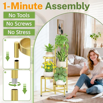 iDavosic.ly Plant Stand Indoor Outdoor, 5 Tier Corner Metal Flower Display Holder Shelf, Easy Assembly Folding Tall Orchid Rack for Patio Balcony Porch Garden Living Room House, Gold