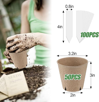 Cosweet 3.2" Biodegradable Peat Pots with Drainage Holes - 50 Pcs Thickened Round Plant Pots, Seedling Starters Kit with 100 Plant Markers for Seed Germination