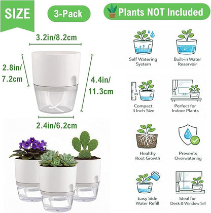 3.2 Inch Self Watering Planters Plastic Planter Pots 3 Pack Wicking Flower Pots Modern Decorative Planter for Small African Violets House Plants,Herbs,Indoor Outdoor Plant (White)