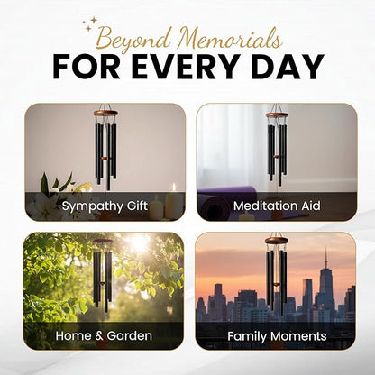 Wind Chimes for Outside clearence - Aluminum Pipes & Pine Wood Windchimes Outdoors, Sympathy Gifts for Loss of Loved One - Includes Letter from Heaven & Keepsake Keychain, Porch Decor - Black