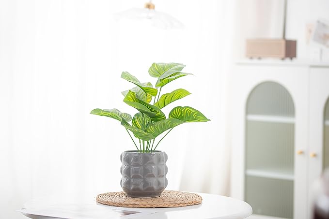 Arktiva Ceramic Planter Pot with Drainage Hole, 4.5 Inch Dia, Indoor and Outdoor, Home Patio Garden, Plants Flower Succulent, 3D Patterned Round (Gray)