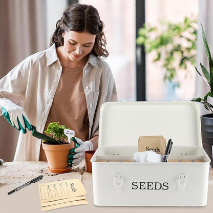 Seed Storage Box, Metal Seed Bin Seed Storage Organizer, 4 Dividers Seed Container with Safety Lock, Seed Box with Professional All-in-one Kit, White