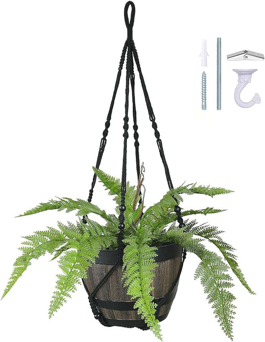Large Macrame Plant Hanger Black 43 Inch Long for up to 12 Inch Pot No Tassel Cotton Rope Hanging Basket Plant Holder with Heavy Duty Ceiling Hooks
