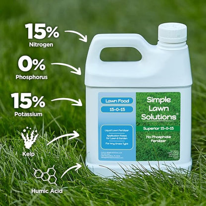 Superior 15-0-15 Liquid Fertilizer Nitrogen & Potash Lawn Food - Concentrated Spray- Any Grass Type- Simple Lawn Solutions Green, Growth - Humic Acid - Kelp Seaweed - Phosphorus-Free (1 Quart)