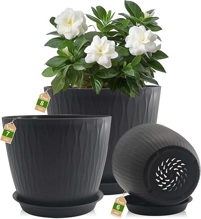 8/7/6 inch Plant Pots, 3 Pack Flower Pots for Outdoor Indoor Garden Plants, Large Planters with Multi Mesh Drainage Holes and Saucer (Black, 8"+7"+6")