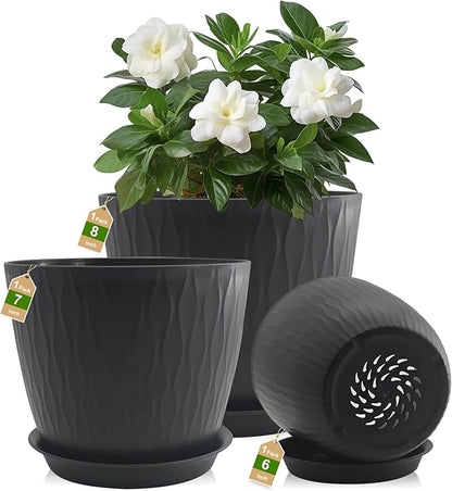 8/7/6 inch Plant Pots, 3 Pack Flower Pots for Outdoor Indoor Garden Plants, Large Planters with Multi Mesh Drainage Holes and Saucer (Black, 8"+7"+6")