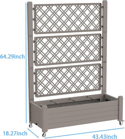 Mobile Garden Planter with Trellis & Lockable Wheels, Outdoor Raised Bed with Drainage & Water Gauge, Weather-Resistant Resin for Patio, Balcony, Yard, Dust-Resistant (Grey, 43.43*18.27*64.29)