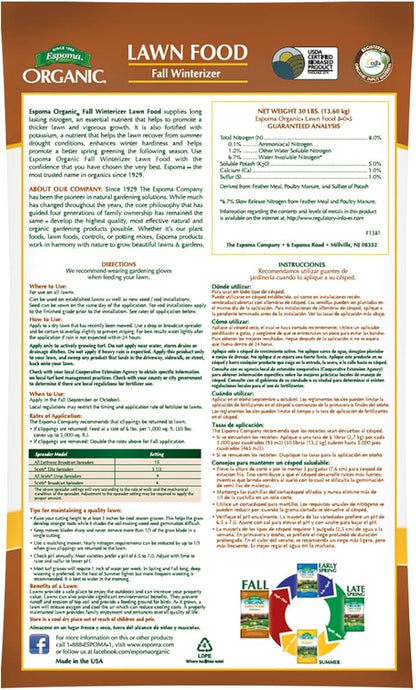 Espoma Organic Fall Winterizer 8-0-5 Natural & Organic Lawn Food. Long Lasting Organic Nitrogen & Potassium for a Winter Strong Lawn. 30 lb. Bag Covers up to 5,000 Sq. Ft.