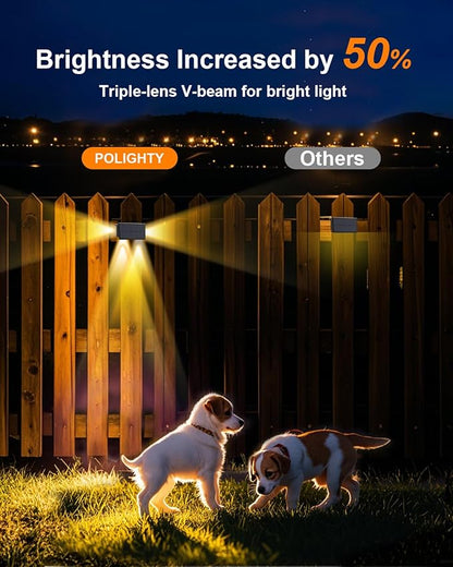 6 Pack 3-Side Solar Fence Lights Outdoor Waterproof with Warm White LED Spot Lens, for Wall, Deck, Patio, Yard, Rail, Garage, Pool, Designed for Enhanced Security, Easy Install