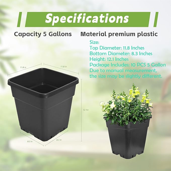 HOSTIC 5 Gallon Square Nursery Pots Flexible Plastic Pots for Plants Gallon Pot with Drainage Holes 10 Pcs
