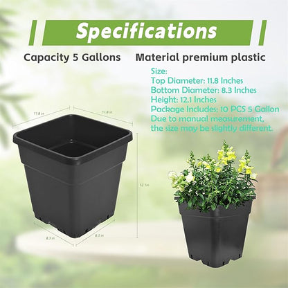 HOSTIC 5 Gallon Square Nursery Pots Flexible Plastic Pots for Plants Gallon Pot with Drainage Holes 10 Pcs