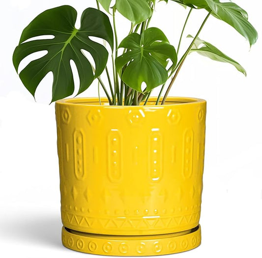 Ceramic Pots for Plants, 10 Inch Plant Pot with Drainage Holes and Tray, Round Planter for Indoor Outdoor Plants, Modern Decorative Flower Pots, Office Decor, Birthday Gift for Women, Yellow