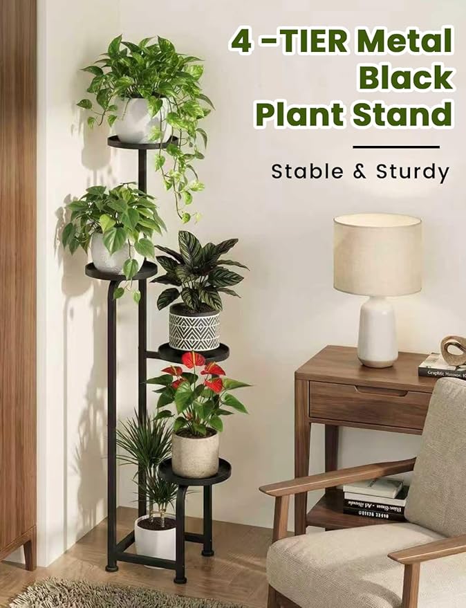 TOSKING 4 Tier Corner Plant Stand Indoor Outdoor, Heavy Duty Metal Flower Pot Holder Shelf for Multiple Plants, Space Saving Patio Garden Balcony Living Room Decor，Black