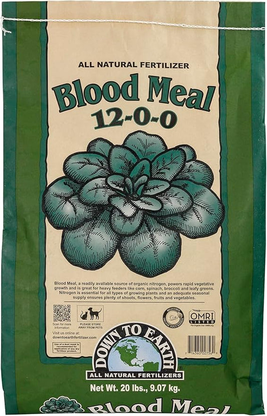 Down To Earth All Natural Fertilizers Organic Blood Meal - High Nitrogen Plant Food for Green Growth 12-0-0, 20 lb