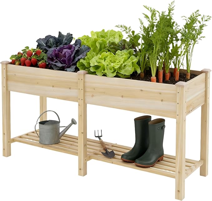 Raised Garden Bed, Planter Box with Storage Shelf, Elevated Wooden Box with Legs, Garden Planter for Backyard, Patio, Balcony, Natural Wood, 72x24x30.7inch (Natural, L)
