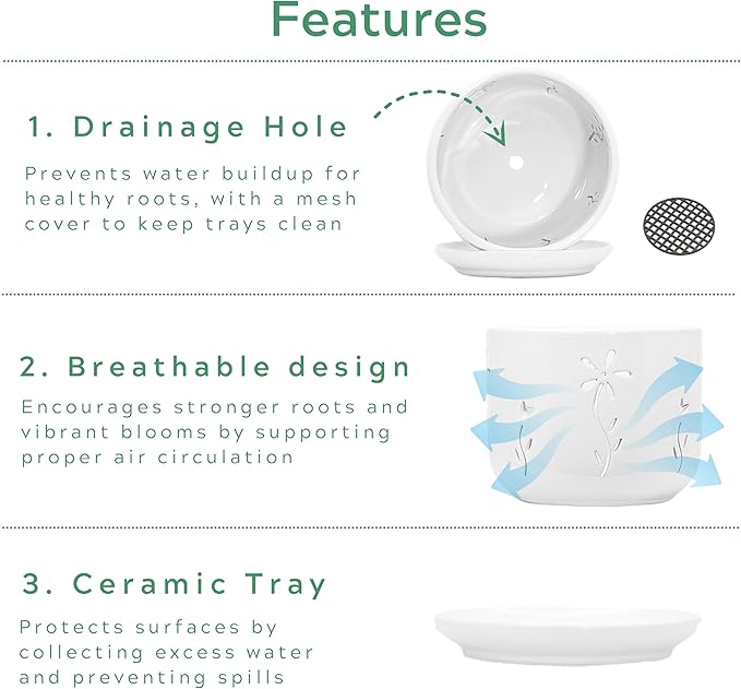 2 Pack, 5 + 6 Inch White Orchid Pots with Holes and Saucer, Ceramic Orchid Planters for Repotting with Drainage Holes and Tray, Plant Flower Pot containers for Orchid Indoor Outdoor