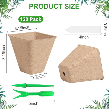 120 Pack 3.15 Inch Square Peat Pots for Seedlings, Seed Starting Pots with Drainage Holes Nursery Pot, Herb Seed Starter Pot Kits wit 30 Plant Labels, 2 Transplant Tools.