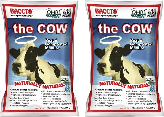 Michigan Peat Baccto 1640 Wholly Cow Horticultural Compost and Manure for Soil Amendment, Lawn Care, & Garden Beds, 40 Quart Bag (2 Pack)