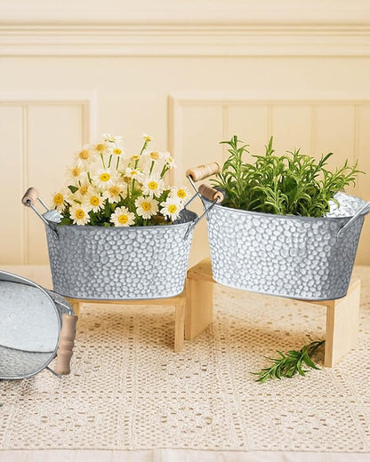 Galvanized Metal Oval Planter Buckets with Handles – Set of 3 Rustic Farmhouse Flower Tubs with Drain Holes & Plugs, Vintage Small Pots for Herbs, Succulents, Wedding or Tabletop Decor (Stone style)