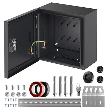 Joinfworld Outdoor Electrical Box 9.8" x 9.8" x 5.9" Weatherproof Electrical Junction Enclosure with Lock Din Rail Cable Gland