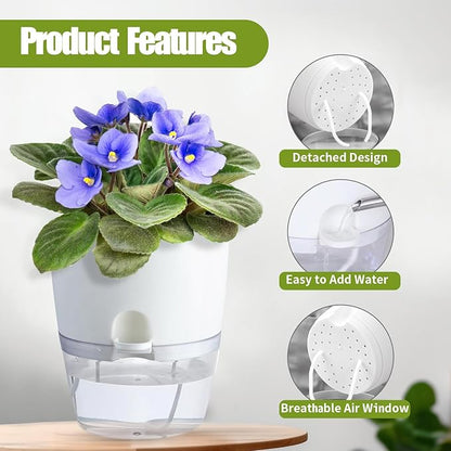 6 Inch Self Watering Plastic Plant Pots for Indoor Plants - 3 Pack White Orchid Planters with Wick Ropes & Drainage Holes, Modern Decorative Garden Pots with Water Reservoir