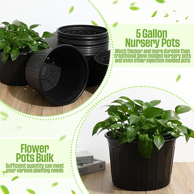 20 Pcs 5 Gallon Plant Nursery Pots Bulk Plastic Planter Flexible Flower Seedlings Pot with Drainage Hole Thickened Seed Starting Container for Flower Succulents Cuttings Transplanting