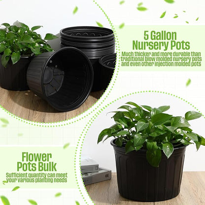 20 Pcs 5 Gallon Plant Nursery Pots Bulk Plastic Planter Flexible Flower Seedlings Pot with Drainage Hole Thickened Seed Starting Container for Flower Succulents Cuttings Transplanting
