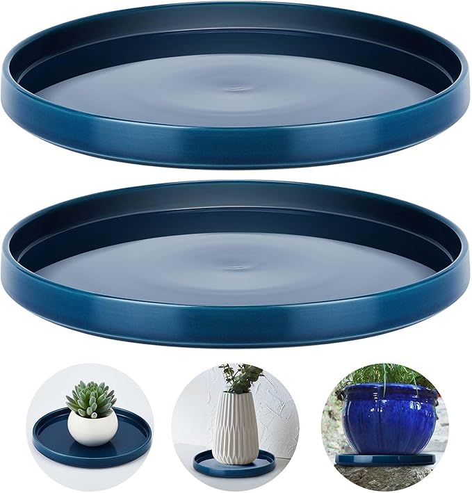 2 Pcs 7 Inch Ceramic Plant Saucer for Indoor Outdoor Round Flower Pot Drip Trays Blue Flower Drainage Glazed Pots Base for Holding Water Drips Soil