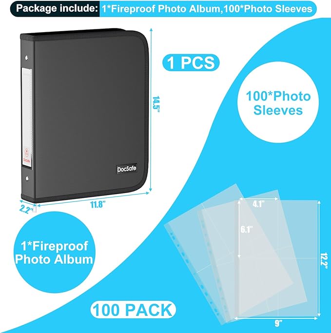 DocSafe Photo Album 4x6 400 Pockets,Fireproof Photo Book with 100 Plastic Sleeves,Large Capacity Binder Protect Family Wedding Anniversary Baby Vacation Pictures,Zipper Closure,2-Inch O-Rings,Black
