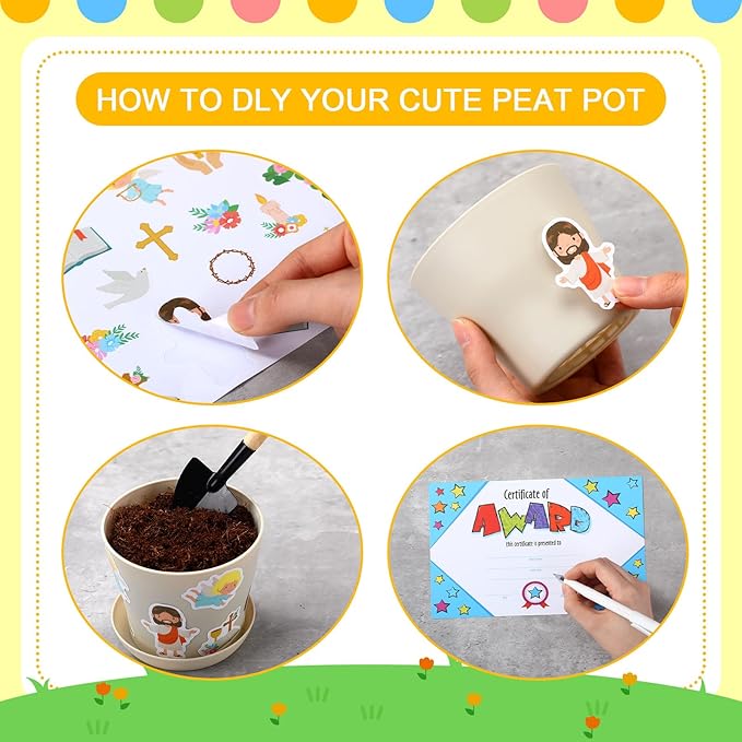 Domensi 30 Set Flower Pot Craft for Kids Bulk Spring Craft 4 Inch Garden Plastic DIY Plant Pot with Tray 30 Sheet Christian Sticker and 30 Certificates Card for Classroom School Mother's Day(Colorful)