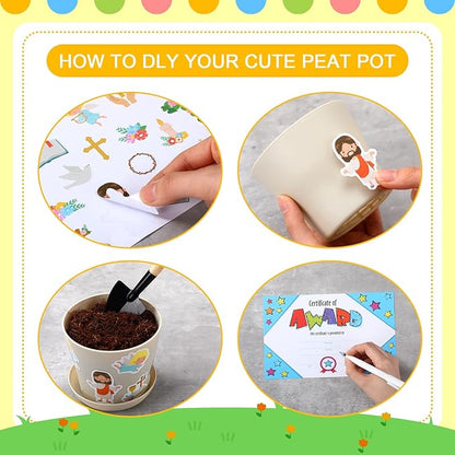 Domensi 30 Set Flower Pot Craft for Kids Bulk Spring Craft 4 Inch Garden Plastic DIY Plant Pot with Tray 30 Sheet Christian Sticker and 30 Certificates Card for Classroom School Mother's Day(Colorful)