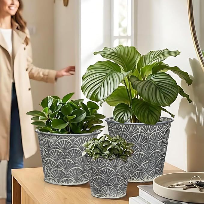 Silver Metal Rustic Flower Pots - 3 PCS Galvanized Planters Rustproof Durable Metal Buckets Plant Pots Vintage-Inspired Charm Rustic for Farmhouse Garden Herb Indoor Outdoor Decor(Dia.5.5"/6.5"/7.1")