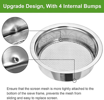 Soil Sieve Stainless Steel Riddle Sieve Set, 9.5" Diameter, Garden Sifter with 5 Filter Mesh Sizes 1,3,5,9,12mm and Bonsai Soil Scoops Gardening Tool