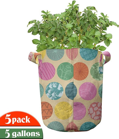 Ambesonne Beige Green Grow Bags 5-Pack, Camo Print Like Leaves, Heavyduty Fabric Pots with Handles for Plants, Olive Green