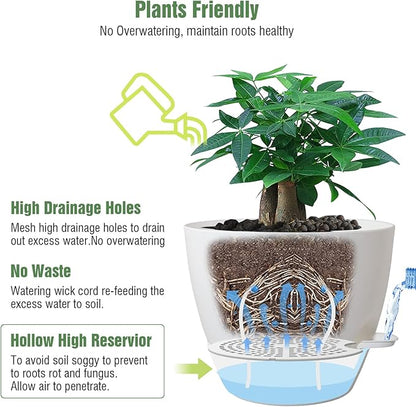 12inch 2Pack Large Self Watering Planters, Plastic Plant Pots with 60oZ Removable Deep Reservoir and Multi Mesh Drainage Holes for Indoor Outdoor Garden Plants and Flowers, White
