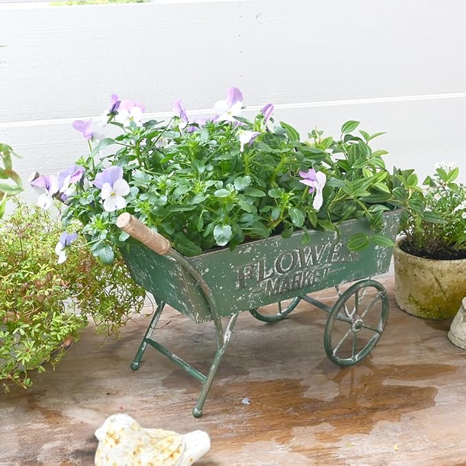 15 Inch Farmhouse Small Flower Cart with Wooden Handles Metal Wagon Planters for Outdoor Plants Decorative Wheelbarrow Plant Cart for Patio Garden Balcony Green
