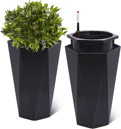 GarveeLife 22.5 in Tall Diamond Planters Set of 2, Self Watering Planters with Water Level Monitor, Flower Pots Outdoor and Indoor for Patio, Porch, Living Room, Home Office, Black