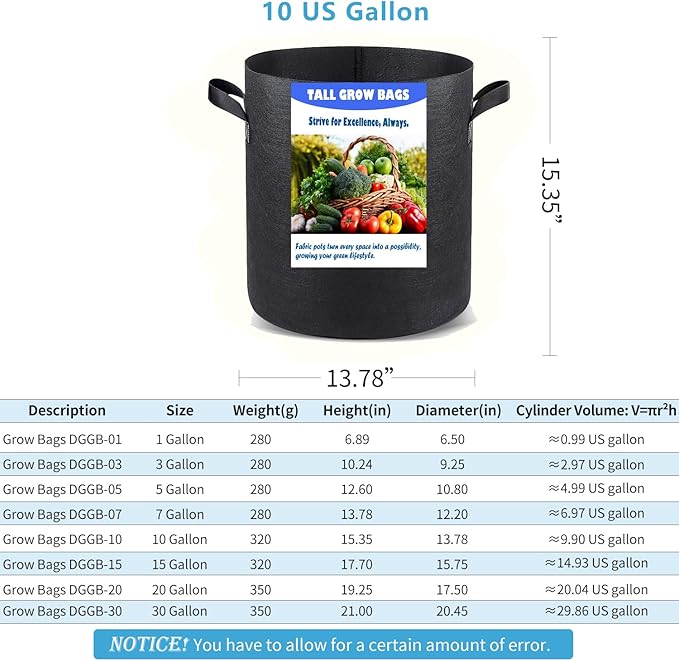 Taller Grow Bags for Deep Root Plants, 10 Gallon 6 Pack Thickened Nonwoven Fabric Pots with Short Handles, Washable Reusable Cloth Plant Bags for Vegetables, Pond Aquatic Plants