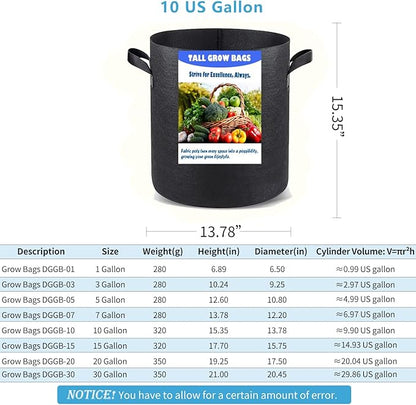 Taller Grow Bags for Deep Root Plants, 10 Gallon 6 Pack Thickened Nonwoven Fabric Pots with Short Handles, Washable Reusable Cloth Plant Bags for Vegetables, Pond Aquatic Plants